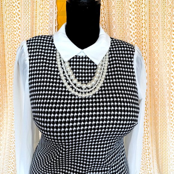 Preppy Houndstooth Collared Sheer Sleeve Pearl Necklace Sheath Dress Size 6 NWT - Picture 6 of 14